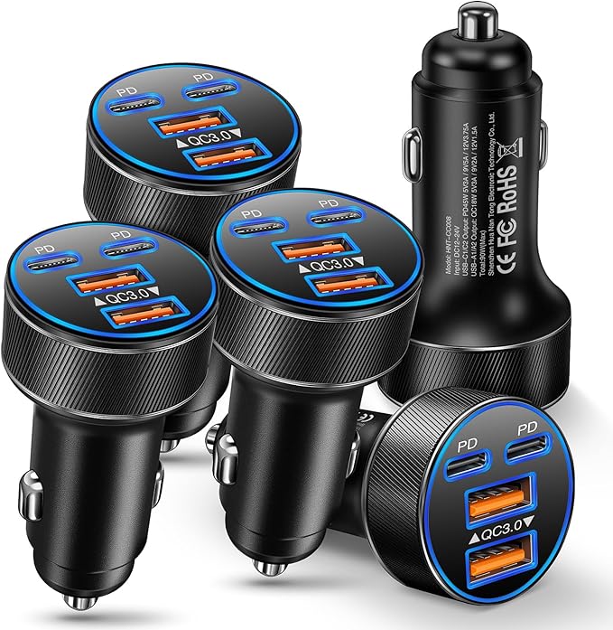 5 Pack USB C Car Charger, Multi Port 90W Super Fast Charging Cigarette Lighter Adapter, 4-in-1 Dual USB-C & USB-A Car Phone Power Adapter for iPhone 17/16/15/Pro Max, iPad, Samsung Galaxy S25