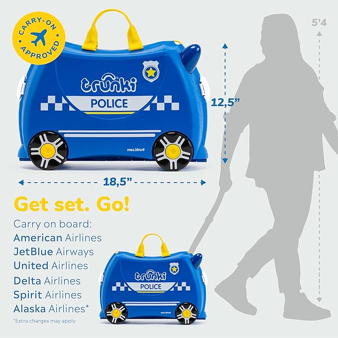 Trunki Ride-On Kids Suitcase | Tow-Along Toddler Luggage | Carry-On Cute Bag with Wheels | Airplane Travel Essentials: Percy Police Car Blue