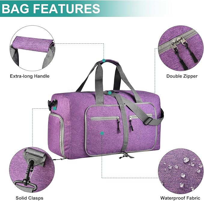 Dimayar 40L Travel Duffle Bag for Men Women - Foldable Duffel Bag with Shoes Compartment - Overnight Bags Waterproof & Tear Resistant(Purple)