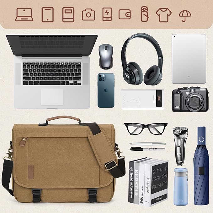 RAINSMORE Messenger Bag for Men 17-17.3 Inch Laptop Bag Water-resistant Canvas Computer Shoulder Bag Office Work Briefcase Large Casual Satchel Bags for Men Bookbag for College, Khaki