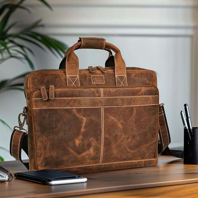 LEATHER VILLAGE 18" Leather Laptop Messenger Briefcase Bag for Men-Leather Satchel for Travel and Office Shoulder Bag- Sun Tan Brown