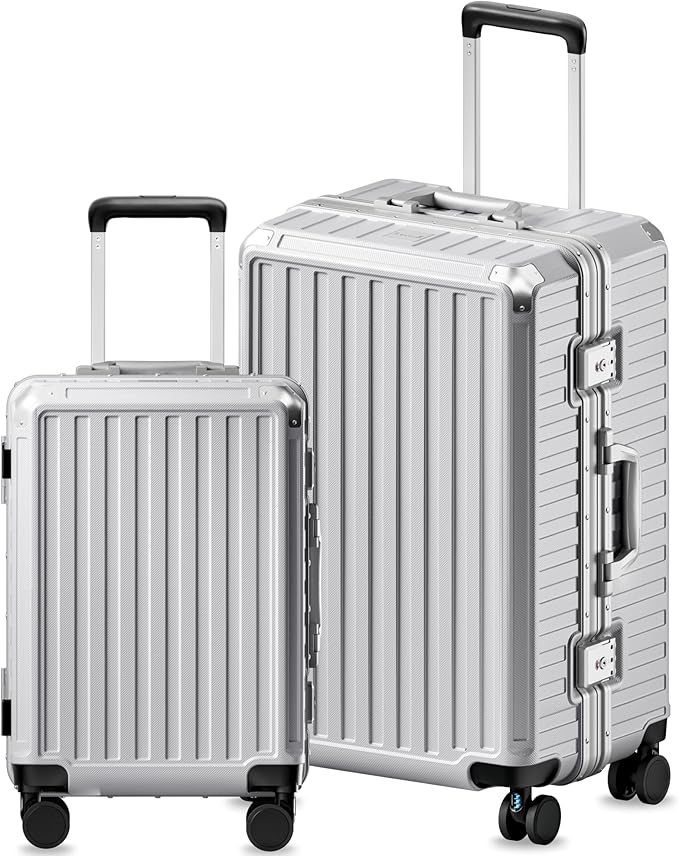Luggage Sets with Spinner Wheels, 8010S Aluminum Frame Zipperless Polycarbonate Hard Shell Suitcase Sets (ZX-Core, Silver, 2 Piece (20/28))