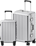 Luggage Sets with Spinner Wheels, 8010S Aluminum Frame Zipperless Polycarbonate Hard Shell Suitcase Sets (ZX-Core, Silver, 2 Piece (20/28))