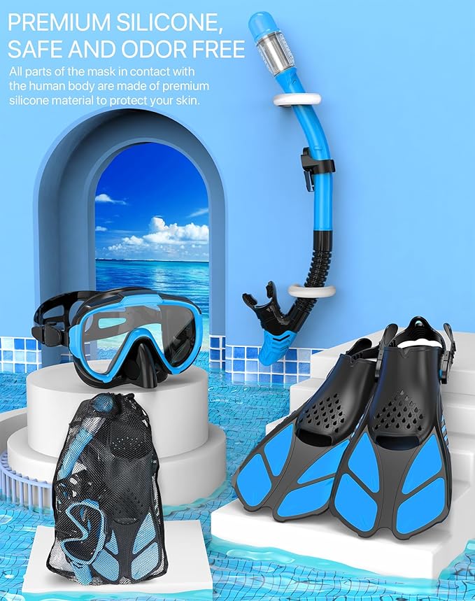 Ubekezele Snorkeling Gear for Adults Men Women,4 in 1 Snorkel Set with Panoramic View Diving Mask Anti-Fog Anti-Leak,Dry Top Snorkel,Fins and Travel Bag for Swimming,Snorkeling and Travel Diving
