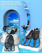 Ubekezele Snorkeling Gear for Adults Men Women,4 in 1 Snorkel Set with Panoramic View Diving Mask Anti-Fog Anti-Leak,Dry Top Snorkel,Fins and Travel Bag for Swimming,Snorkeling and Travel Diving