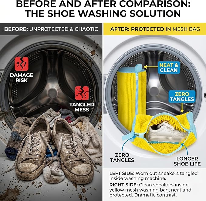 Shoe Washing Machine Bag for Washer & Dryer, Mesh Laundry Shoe Bag with Brush & Shoe Trees, Sneaker Cleaning Bag, Reusable Shoe Cleaner, Fits Up to Size 13