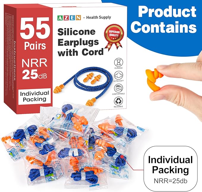 AZEN 55 Pairs Silicone Ear Plugs, Reusable Earplugs for Noise Reduction, 25dB NRR Corded Ear Plug for Sleeping Noise Cancelling, Ear Plug with String Individual Packing