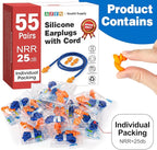 AZEN 55 Pairs Silicone Ear Plugs, Reusable Earplugs for Noise Reduction, 25dB NRR Corded Ear Plug for Sleeping Noise Cancelling, Ear Plug with String Individual Packing