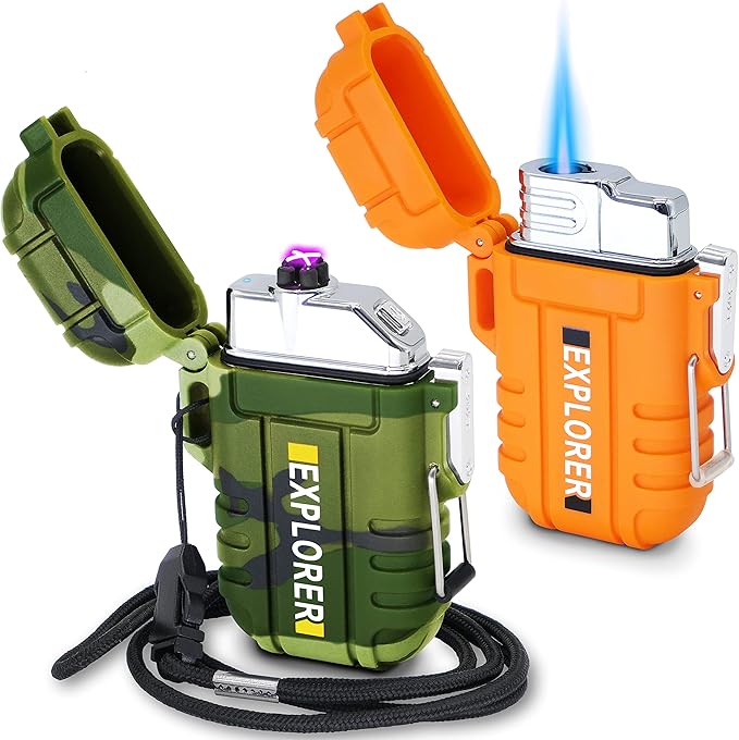Laffizz 2 Pack Waterproof Outdoor Lighter Plasma Windproof Torch Lighters Dual Arc Lighters Electric USB Rechargeable Lighter Flameless EDC Camping Adventure Survival Tactical Gear