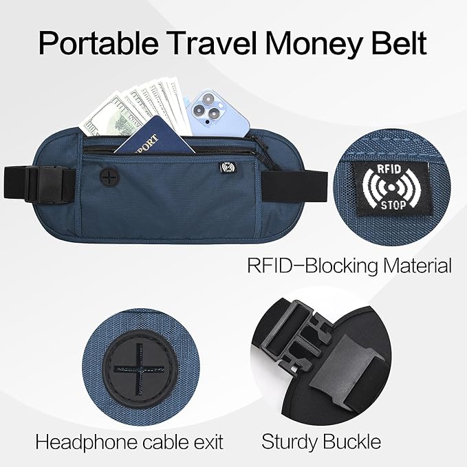 TRAVELSAFE Slim RFID Blocking Money Belt for Travel - Anti-Theft Hidden Passport Holder Waist Wallet with Secure Pouch for Cash, Credit Cards & Phone Safe (Navy Blue)