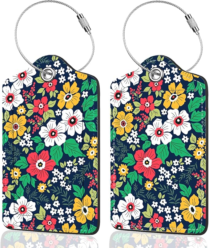 2Pack Luggage Tags for Suitcases, Cute Unique Pu Leather Cruise Luggage Tag with Privacy Cover ID Label Address Card and Metal Ring Suitable for Women Men Kids Travel Bag Green and white flowers