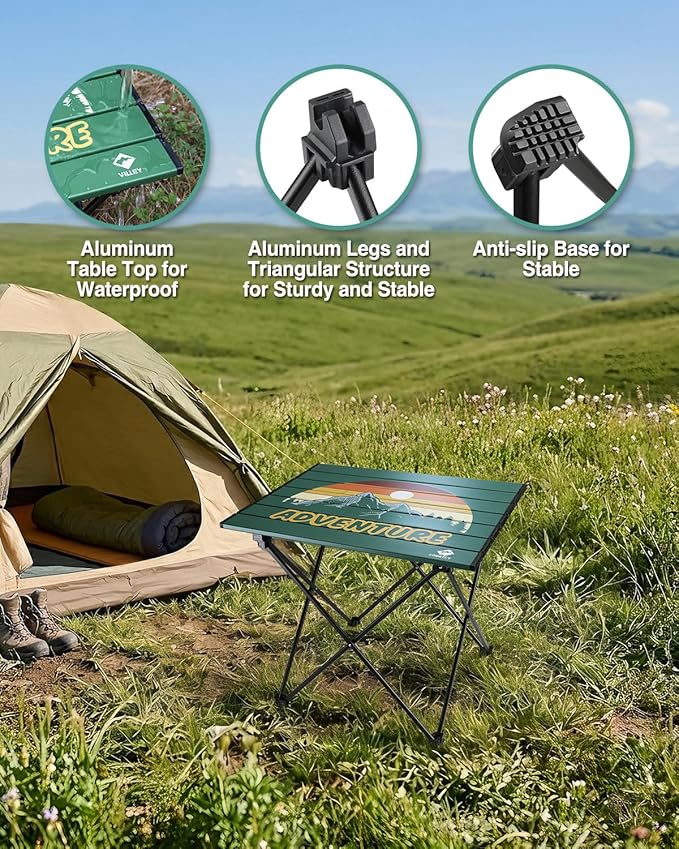 VILLEY Portable Camping Side Table, Ultralight Aluminum Folding Table with Mountain Silhouette Print and Carry Bag for Camping, Picnic, Beach, Travel