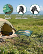 VILLEY Portable Camping Side Table, Ultralight Aluminum Folding Table with Mountain Silhouette Print and Carry Bag for Camping, Picnic, Beach, Travel