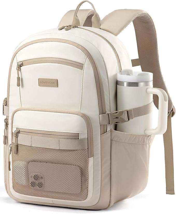 LOVEVOOK Laptop Backpack Women with 40oz Cup Holder Buckle Strap, 17.3 Inch Tech-Ready Work Backpack, TSA-compliant for Travel & College with Versatile Mesh Pocket, Oatmeal Cream