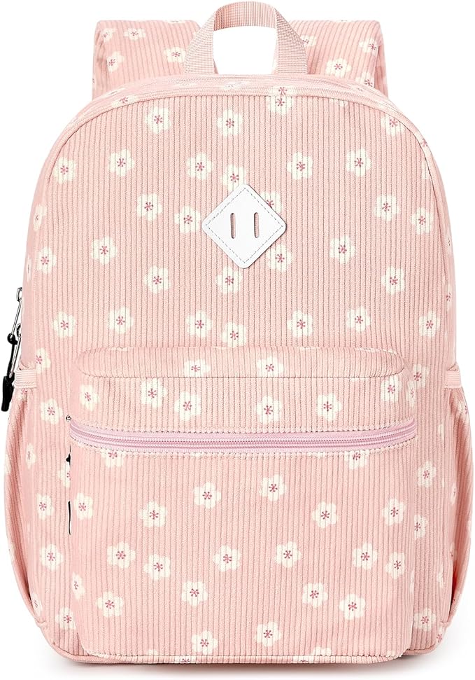 STEAMEDBUN Corduroy Kids Backpack for Girls Boys 3-8, Girls Backpack for Elementary Kindergarten - Pink Sakura