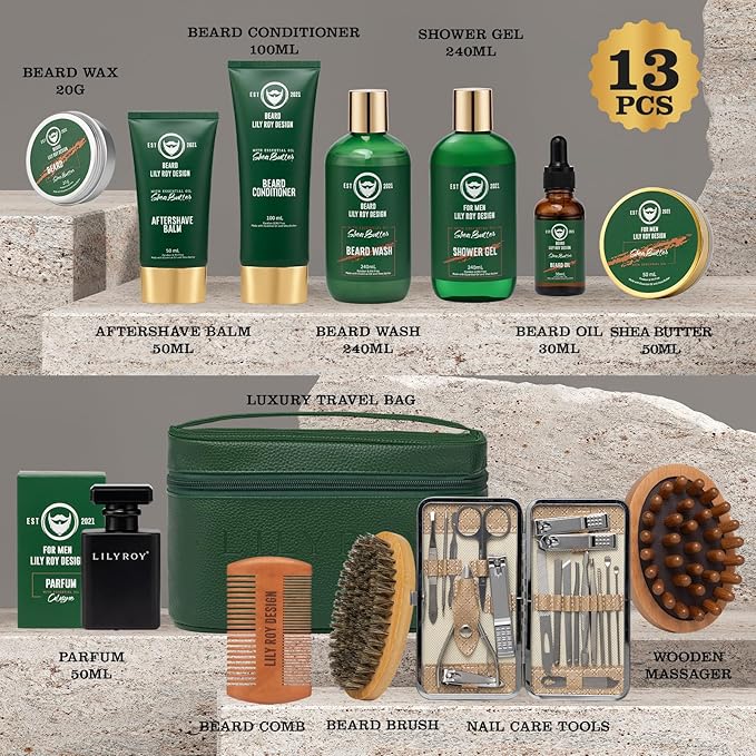 Fathers Day Spa Gift for Men - Luxurious 32Piece Shea Butter Bath & Beard Gift Set for Men Bath & Body Care Kit for Him | Christmas, Valentine's Day, Birthday, Spa Gift Set for Dad