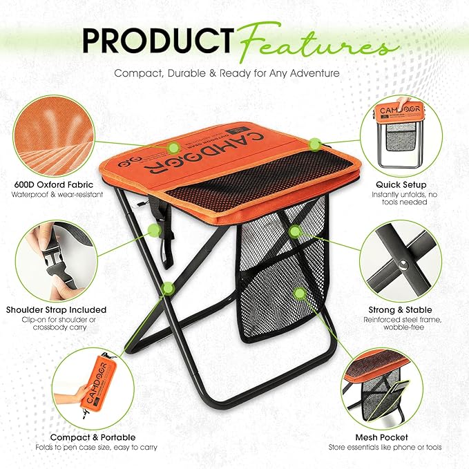 CAMDOOR Portable Collapsible Stool, 16″Folding Stool with 3 Side Pockets and Shoulder Strap, Extra Large Camping Chair Supports 400 lbs, Ultralight Portable Seat for Outdoor, Hiking, Fishing (Orange)