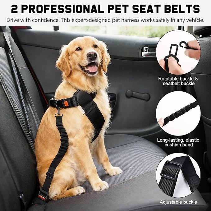 Dog Car Travel Kit – 9 in 1 Gift Set with 2 Pet Seat Belts, Car Net Barrier, 3 Pet Hair Remover, Collapsible Water Bowl & 2 Headrest Hooks – Dog Travel Essentials for Sedan SUV & Truck Vehicle