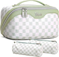 BOYATU Travel Makeup Bag Organizer Cosmetic Bag: 3 Pcs Set Make up Bags for Women with Handle - Waterproof Vegan Leather Toiletry Bags Travel Essentials Pouch with Compartments (H-06-Green)