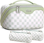 BOYATU Travel Makeup Bag Organizer Cosmetic Bag: 3 Pcs Set Make up Bags for Women with Handle - Waterproof Vegan Leather Toiletry Bags Travel Essentials Pouch with Compartments (H-06-Green)