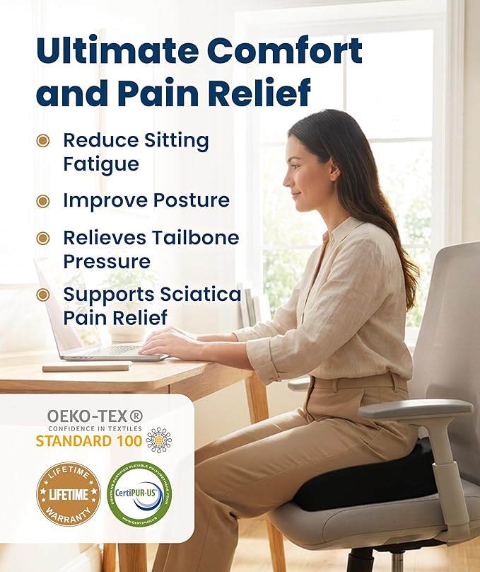 Everlasting Comfort Doctor Recommended Memory Foam Seat Cushion for Office Chairs & Car - Ergonomic Office Desk Accessories - Cushions for Tailbone Pain Relief, Sciatica (Black, X-Large)