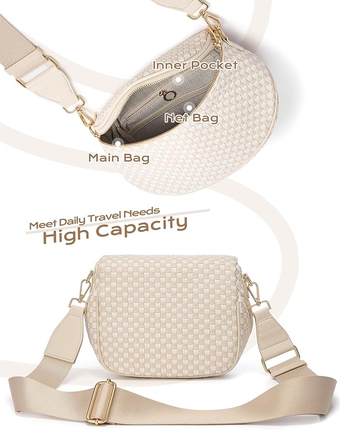Trendy Woven Checkered Crossbody Bum Bag for Women，PU Leather Checkered Purse Fanny Packs Belt Bag (Woven Bum Bag - Beige White)