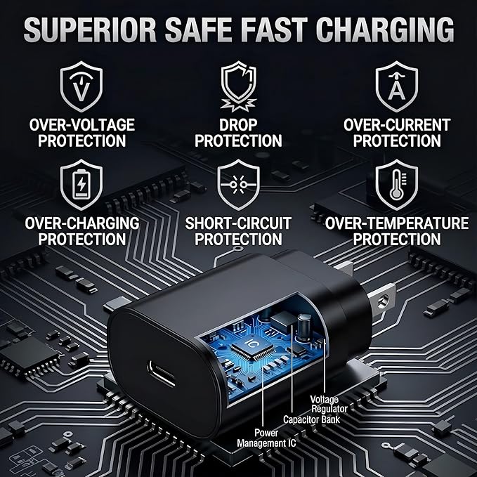 TT&C 30W USB-C Power Brick, PD Super Fast Type-C Wall Adapter Compatible with iPhone 17, 17 Pro Max, iPhone Air, 17e, 16, 16e, 15, iPad mini, for Samsung Galaxy S25, S24 (Black 2-Pack)