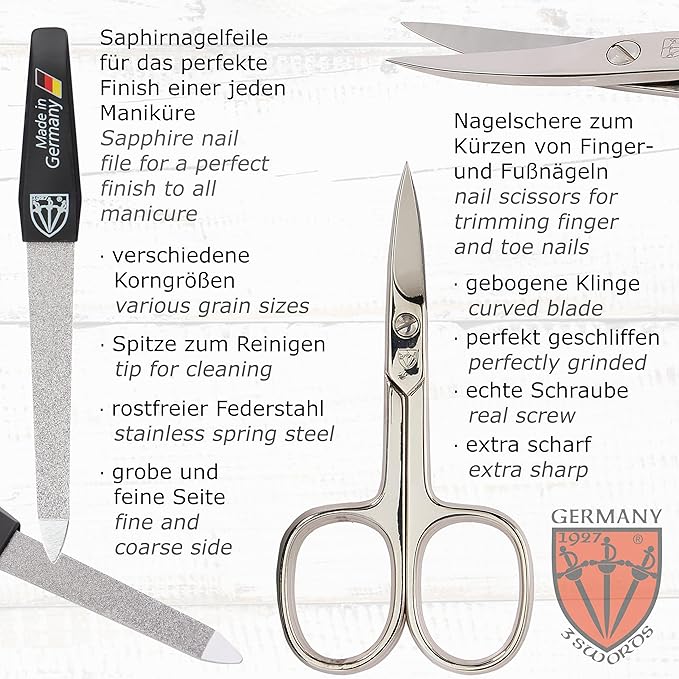 3 Swords Germany - brand quality 10 piece manicure pedicure grooming kit set for professional finger & toe nail care tweezers file clipper fashion leather case in gift box, Made by 3 Swords (02570 )