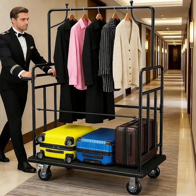 Luggage Cart,Heavy-Duty Steel Luggage Trolley with 360°Silent Wheels,1100LBS Load Hand Truck,Anti-Collision Strip for Hotel Bellman,Airport & Resort Use,Smooth-Rolling Platform Dolly