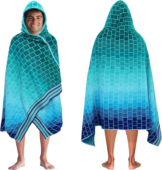 COTTON CRAFT Hooded Beach Towel – Oversized 35 x 70 Towel with Hood for Adults - 100% Cotton Velour Terry Jacquard Towel - Pool Bath Wrap - 450 GSM Soft Absorbent Quick Dry – Blue Tiles