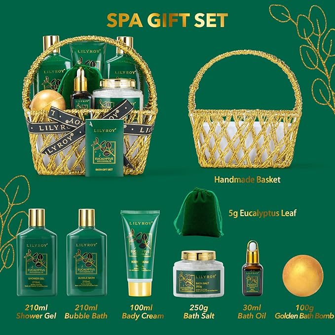 Mothers Day Gift Basket for Mom, Gifts for Women, Spa Gift Basket for Women - 9 Pieces Premium Eucalyptus Bath & Body Spa Kit for Women & Men, Gift for Valentines Day, Christmas, Fathers Day, Birthday