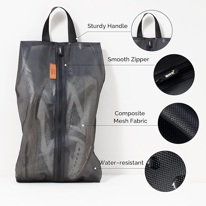 YOUNGTIME Shoe Bags for Travel,Water Resistant Shoe Storage Organizer for Packing,Travel Shoe Bag with Zipper for Women and Men(Black)