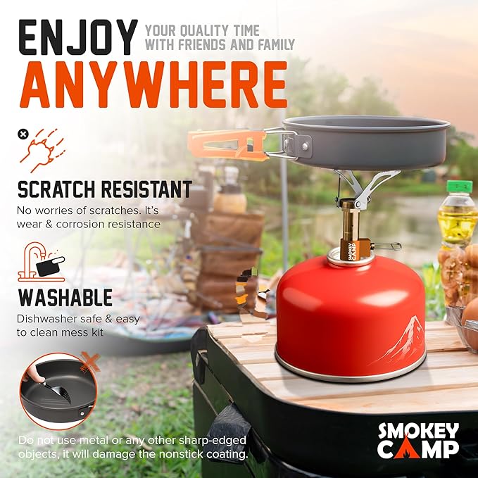 Smokey Camp Camping Cookware Mess Kit Set with Stove - Backpacking Camping Pots and Pans Set, All in One Non-Stick Camping Cooking Set, Portable Stove, Hiking, Picnic, Outdoor & Camping Cookware Set