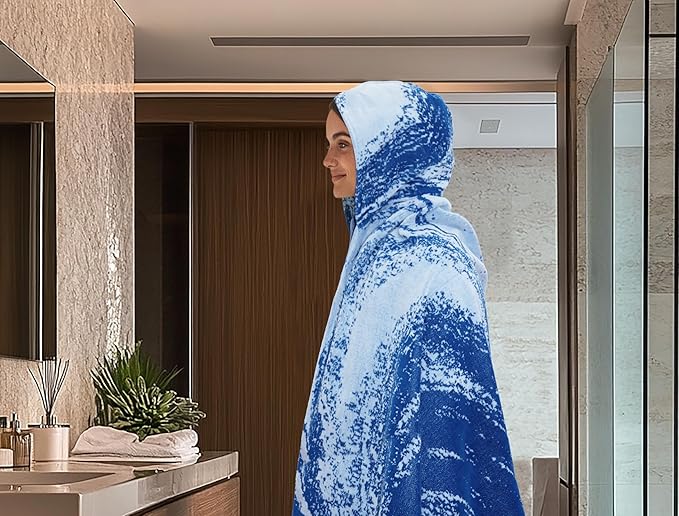 COTTON CRAFT Hooded Beach Towel – Oversized 39 x 68 Towel with Hood for Adults - Summer Wave - 100% Cotton Velour Terry Jacquard Towel - Pool Bath Wrap - 450 GSM - Soft Absorbent Quick Dry – Blue