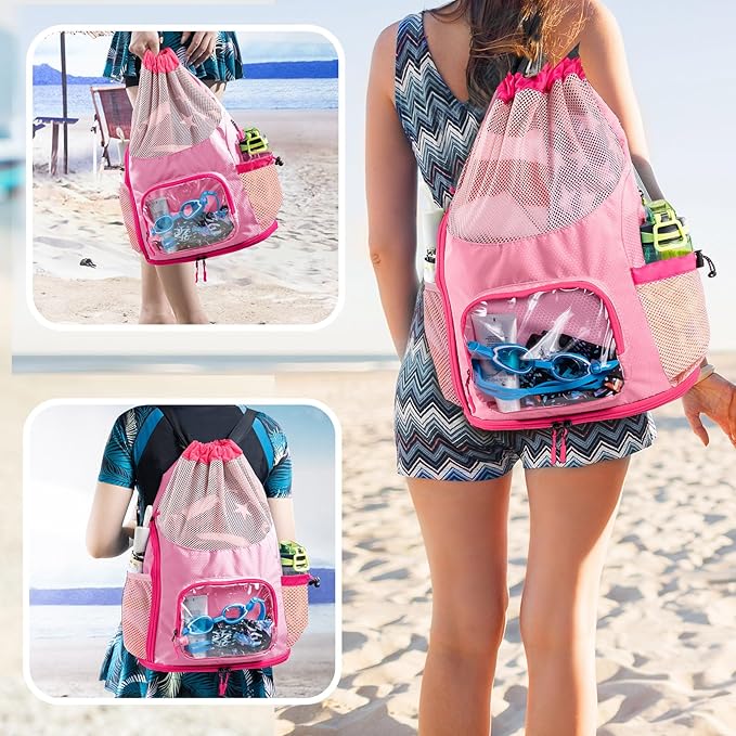 Mesh Drawstring Backpack with Shoe Compartment, Sandproof Beach Swim Bag with Wet Pocket, Pool Gym Shower Bag for Travel Summer Camp