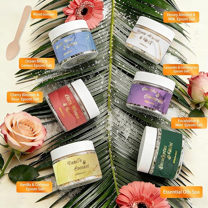 Spa Gifts for Women - 6-Piece Floral Epsom Salt Gift Set for Women with Epsom Salt, Bath and Body Gift Set in Elegant Box | Christmas, Mothers Day, Birthday Gifts for Men spa kit Mom Bath Set