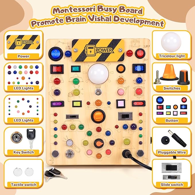 Busy Board with LED Light Switches, Montessori Toys for 1 2 3 Years Old, Toddlers Wooden Toy Sensory Activity Board, Travel Toys for 1+ Year Old Boy & Girl Birthday Gift (19 Switches)