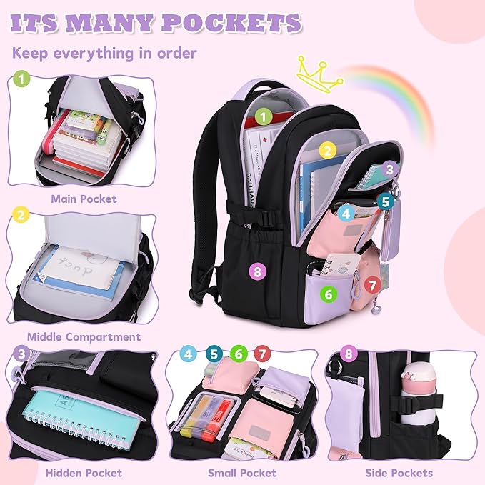 Kids Backpack, Backpack for Girls for Elementary School Multiple Pockets Ages 6-10(Black)
