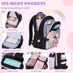 Kids Backpack, Backpack for Girls for Elementary School Multiple Pockets Ages 6-10(Black)