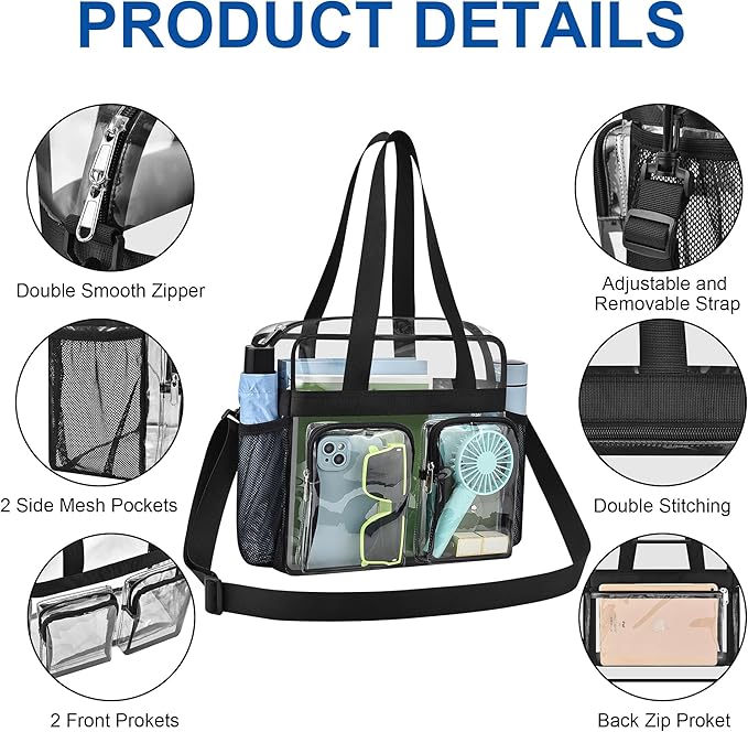 XCU Clear Bag for Stadium Events 12x6x12 Large Clear Tote Bag Transparent Lunch Bag Adjustable Straps for Concert Sports Work