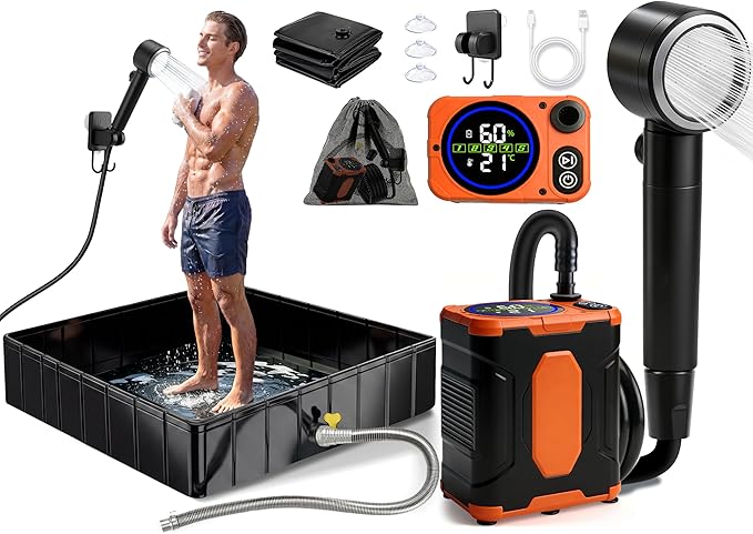 2026 Upgraded Portable Camping Shower with Portable Shower Pan,10000Mah Rechargeable Portable Shower Head with Camp Shower Floor,Outdoor Shower Pan with Drain Hose,5 Spray Portable Shower Pump
