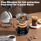 Pour Over Coffee Maker 600ml 20.3oz Glass Drip Coffee Maker with 304 Stainless Steel Filter High Borosilicate Glass Duckbill Spout Solid Wood Handle Pour Over Coffee Dripper for Daily Brewing