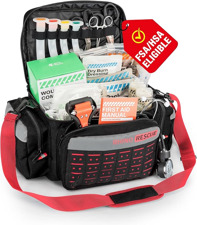 RHINO RESCUE First Responder First Aid Kit Fully-Stocked EMT Bag, Professional EMT/EMS Trauma Medical Kit, Molle System & Reflective Stripe, 300+ First Aid Supplies, Suits for Business, Home (Black)