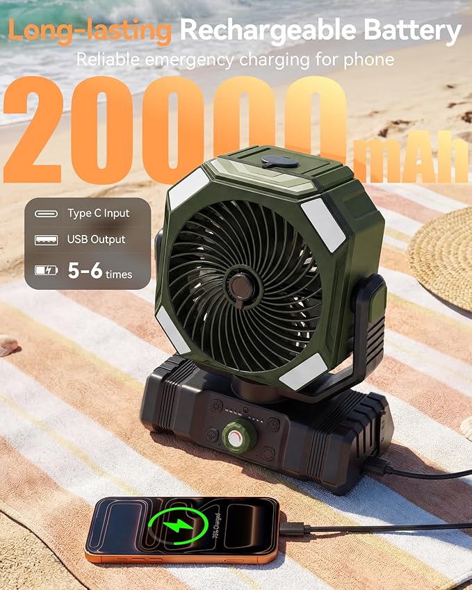 USONE Misting Fan, Portable Camping Fan Rechargeable, 20000mAh Battery Powered Fan for Camping with Light, Remote & Timer, Hanging Tent Fan with Hook for Outdoor fishing, Travel, Work,Olive Green