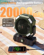 USONE Misting Fan, Portable Camping Fan Rechargeable, 20000mAh Battery Powered Fan for Camping with Light, Remote & Timer, Hanging Tent Fan with Hook for Outdoor fishing, Travel, Work,Olive Green