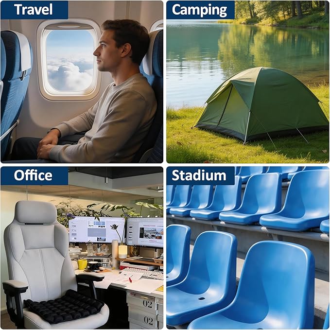 Inflatable Seat Cushion for Airplane Travel Portable Air Seat Cushion Pressure Relief with 49 Airbags TPU 15X15 Inches Black 1PSC