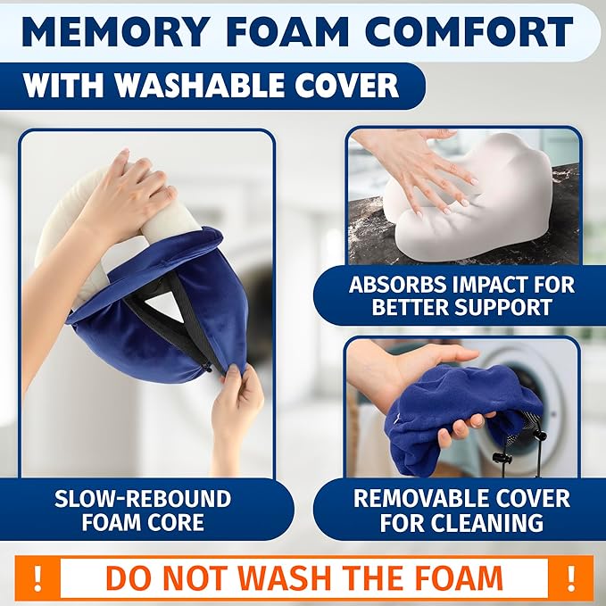 Neck Pillow for Plane Travel – 4-in-1 Kit | Adjustable Blue 100% Memory Foam Neck Support Pillow, 3D Eye Mask, Earplugs, & Cozy, Washable Cotton Cover with Secure Buttons – Sleep Comfort for Travel