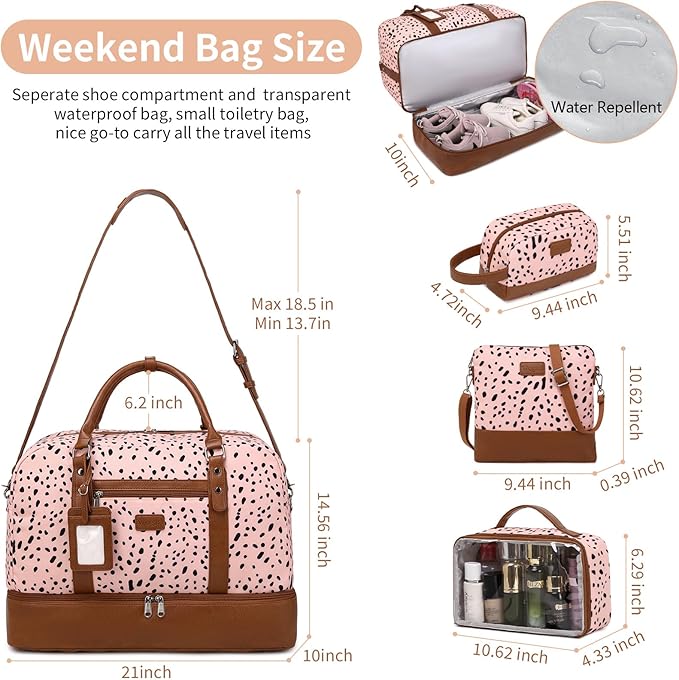 Wogarl 4PCS Weekender Bags for Women Large Overnight Weekend Travel Duffel Carry on Shoulder with Shoe Compartment Canvas Toiletry Bag for Travel Business Gym