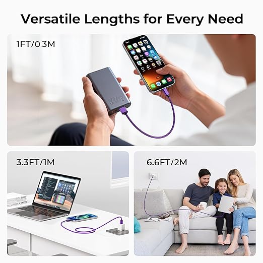 Basesailor for iPhone 17 16 Pro Max Charger Cord,USB to USB C Cable,Type C Charging Power Cord for Apple 17e 15 iPad 10 Air 4 5,Samsung Galaxy S26 S25 S24 S23,Purple,3Pack 1.5/3.3/6.6FT(0.5/1/2M)