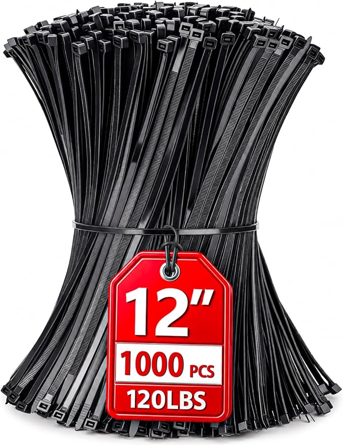 Zip Ties 12 inch, 1000 Pack Heavy Duty Black Zip Ties with 120 lbs Tensile Strength, Self-Locking Nylon Cable Ties,Wire Ties for indoor and outdoor use.